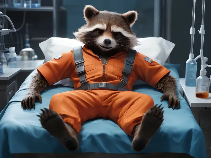 sedated rocket racoon, lying on a bed in a laboratory with his legs spread, drugged with sedation from a drip, strapped to the b...