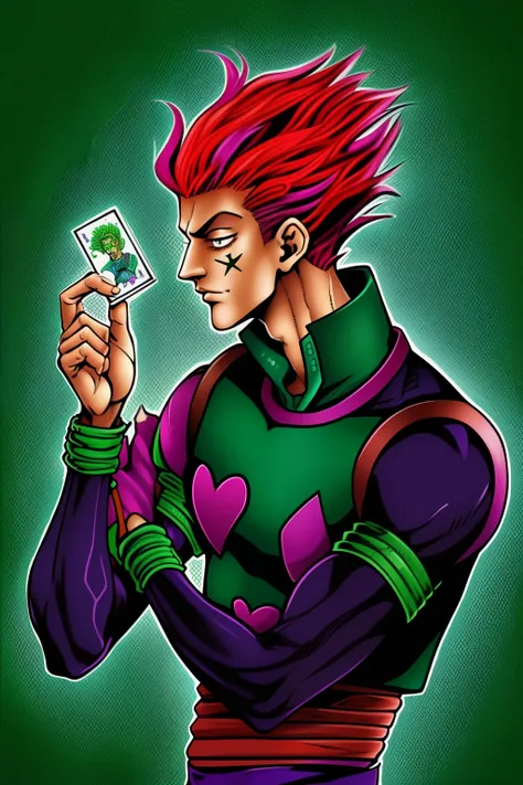 a drawing of a man holding a card in his hand, portrait of hisoka hunter hunter, hisoka, hisoka from hunter × hunter, kentaro mi...