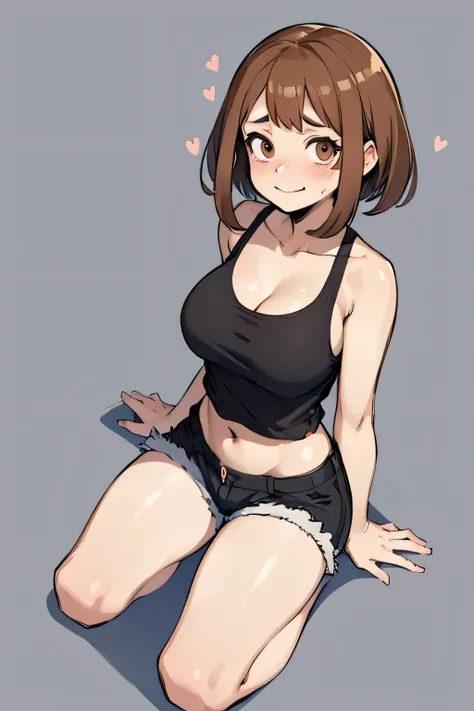 masterpiece, best quality, 1girl, ochako uraraka, closeup, sketch, solo, background,  breasts, sfw,, black tanktop, shorts, hear...