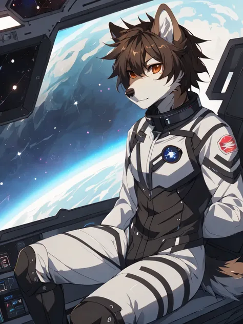 jaiden, brown wolf, brown wolf ears, brown eyes, cute snout, black nose, wearing black astronaut outfit, futuristic visor, high ...