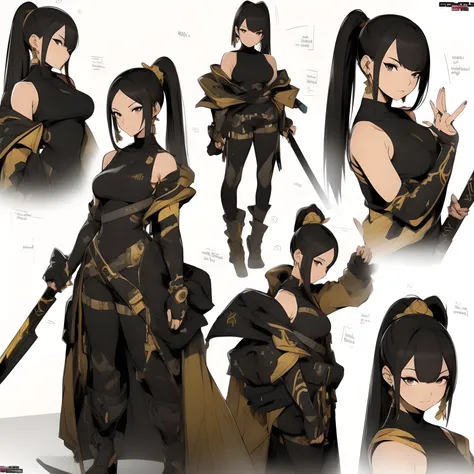 Masterpiece, Best quality, official art, Extremely detailed Cg Unity 8K wallpaper,1girll, Black and gold combat uniforms, Long weapons, red gradient hair, ponytail hairstyle, character  design, simple background, parchment, Sketch line drawing。