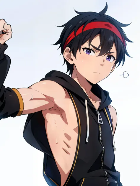 Highres, Masterpiece, Best quality at best,Best Quality,hight quality, hight detailed, 1boy, Shota, Black hoodie with purple stripes, Wearing bandana, Earring, Body, Simple beckground, Sleeveless hoodie, Open zipper, (very small and short stature), (very y...