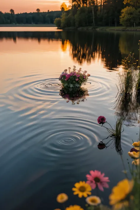 The most beautiful landscape of a bouquet of flowers resting on the lake, Reflections Landscape photography, stunning sunset, inspired by Photographer Mikko Lagerstedt Creative & Emotional Landscape Photography