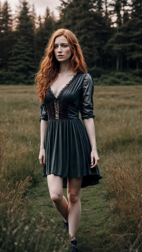 1woman in, age35, Solo, Aesthetic artwork, irish  redhead, wavy ginger hair, shoulder length ginger hair, some small freckles, pale skin, small breasts, runners body, fullbody shot, imperfect skin, goosebumps, gothic dress, beautiful nature location, aroun...