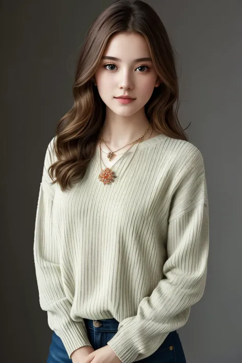 1 girl,Best quality,masterpiece,Volumetric lighting,a high resolution,flower_Necklace,ribbed_sweater,