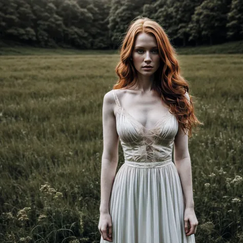 1woman in, age35, Solo, Aesthetic artwork, irish  redhead, wavy ginger hair, shoulder length ginger hair, some small freckles, pale skin, small breasts, runners body, fullbody shot, imperfect skin, goosebumps, gothic dress, beautiful nature location, aroun...