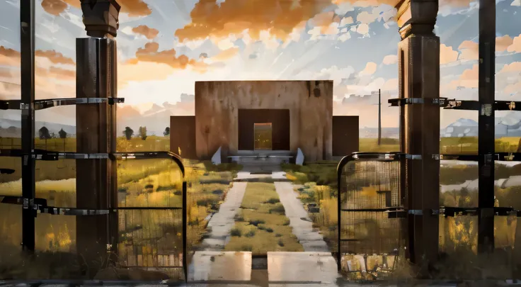 crear un plano frontal para una escena urbana con ciudad y algunos edificios en segundo plano, una casa en ruinas en el centro de la escena con alguna pared de ladrillos, metal fences and an open field. Cielo de fondo al atardecer. Digital illustration sty...