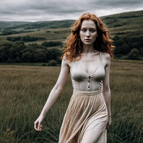 1woman in, age35, Solo, Aesthetic artwork, irish  redhead, wavy ginger hair, shoulder length ginger hair, some small freckles, pale skin, small breasts, runners body, fullbody shot, imperfect skin, goosebumps, gothic dress, beautiful nature location, aroun...