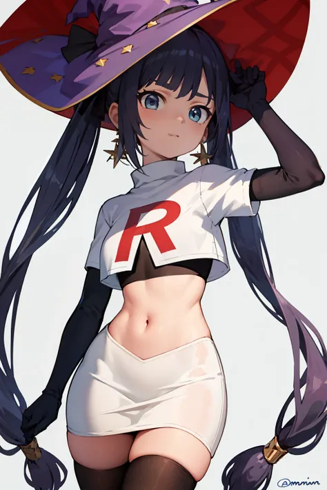 ((masterpiece,best quality)), team rocket,team rocket uniform, red letter R, white skirt,white crop top,black thigh-highs,black elbow gloves zettai ryouiki, aamona, long hair, twintails, hair ornament, black ribbon, earrings, witch hat, purple headwear, co...