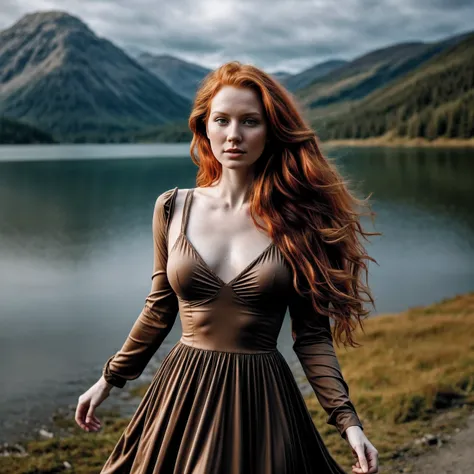 1woman in, age35, Solo, Aesthetic artwork, irish  redhead, wavy ginger hair, shoulder length ginger hair, some small freckles, pale skin, small breasts, runners body, fullbody shot, imperfect skin, goosebumps, gothic dress, beautiful nature location, aroun...