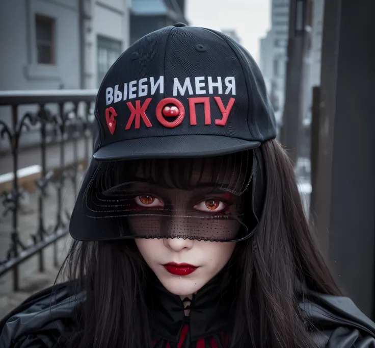 Gothic, nasty, vampire, arafed woman wearing a hat with a blood stain on it, 🎀 🧟 🍓 🧚, ilya kushinov, by Emma Andijewska, yelena belova, memes, soviet era, heron preston, funny hat, 👁🌹👾, meme, 2 0 2 0 fashion, faded hat, 2020, 2 0 2 0