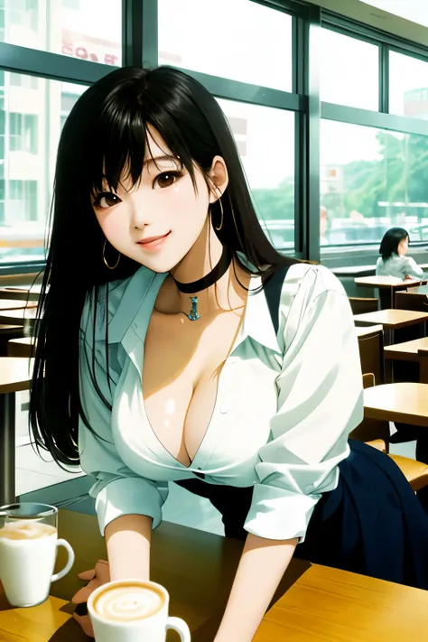 masterpiece, top quality, film photography,
sexy Korean college girl, cafe interior, daytime,
leaning forward, massive cleavage, low-angle, close-shot,
smiling, choker accessory, public setting,
glass windows, high saturation, detailed, film grain.