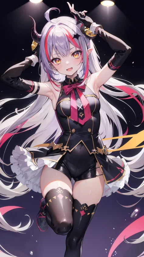 32k, 1girl, solo, long hair, looking at viewer, blush, smile, open mouth, bangs, thighhighs, gloves, dress, holding, standing, yellow eyes, purple hair, ahoge, grey hair, multicolored hair, horns, alternate costume, fang, white gloves, armpits, arm up, off...