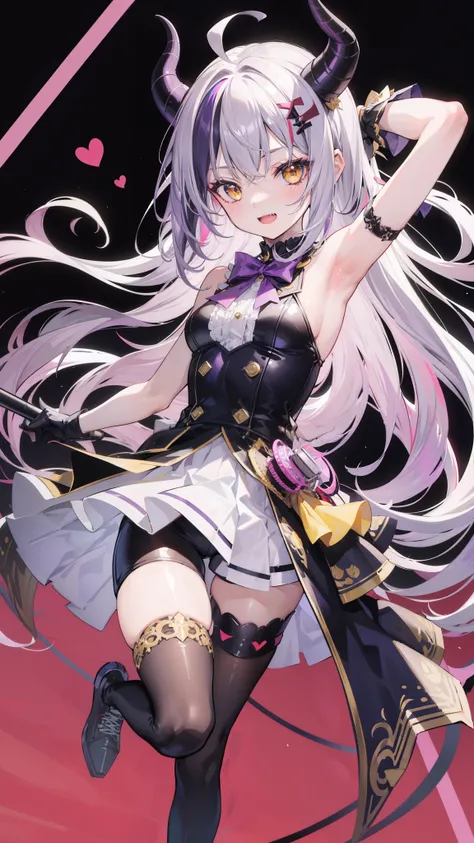 32k, 1girl, solo, long hair, looking at viewer, blush, smile, open mouth, bangs, thighhighs, gloves, dress, holding, standing, yellow eyes, purple hair, ahoge, grey hair, multicolored hair, horns, alternate costume, fang, white gloves, armpits, arm up, off...