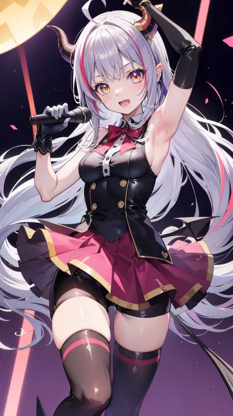 32k, 1girl, solo, long hair, looking at viewer, blush, smile, open mouth, bangs, thighhighs, gloves, dress, holding, standing, yellow eyes, purple hair, ahoge, grey hair, multicolored hair, horns, alternate costume, fang, white gloves, armpits, arm up, off...