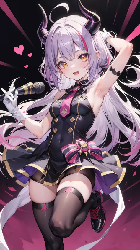 32k, 1girl, solo, long hair, looking at viewer, blush, smile, open mouth, bangs, thighhighs, gloves, dress, holding, standing, yellow eyes, purple hair, ahoge, grey hair, multicolored hair, horns, alternate costume, fang, white gloves, armpits, arm up, off...