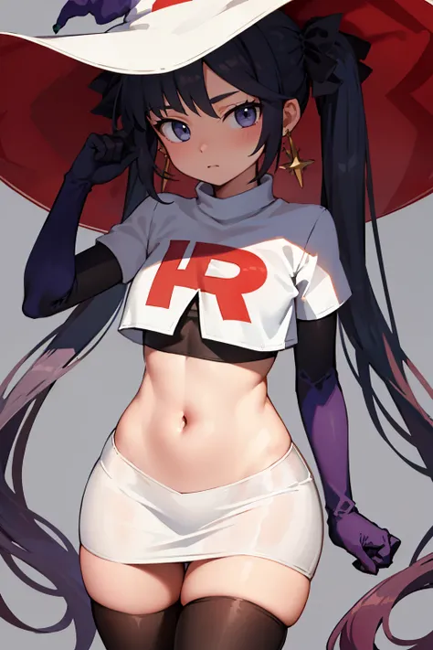 ((masterpiece,best quality)), team rocket,team rocket uniform, red letter R, white skirt,white crop top,black thigh-highs,black elbow gloves zettai ryouiki, aamona, long hair, twintails, hair ornament, black ribbon, earrings, witch hat, purple headwear, co...