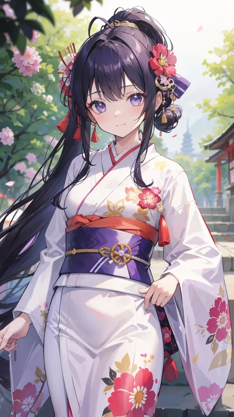 32k, 1girl, solo, long hair, looking at viewer, blush, smile, bangs, hair ornament, long sleeves, closed mouth, standing, ponytail, flower, japanese clothes, hair flower, wide sleeves, kimono, blurry, sash, depth of field, blurry background, obi, antenna h...