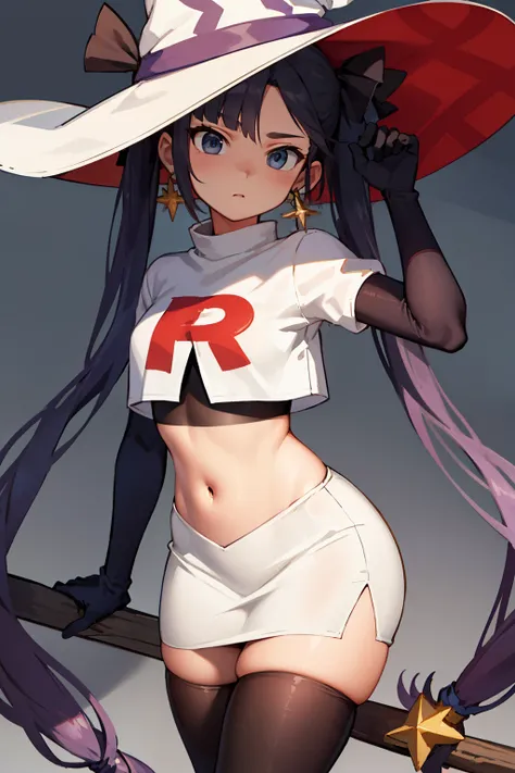 ((masterpiece,best quality)), team rocket,team rocket uniform, red letter R, white skirt,white crop top,black thigh-highs,black elbow gloves zettai ryouiki, aamona, long hair, twintails, hair ornament, black ribbon, earrings, witch hat, purple headwear, co...