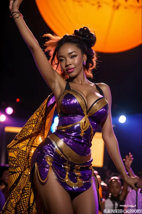 A magnetic ebony woman, exuding sensuality and grace, surrounded by the vibrant colors and rhythms of an Afrobeat concert, dancing under the moonlit sky, the crowd pulsating with energy, capturing the essence of joy, freedom, and celebration, Photography, ...