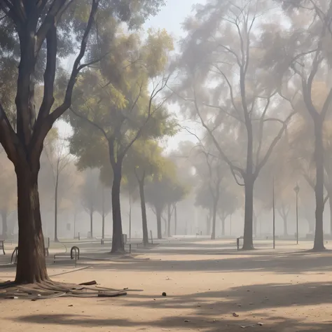 park with trees, shrouded in dust and debris, sunny day