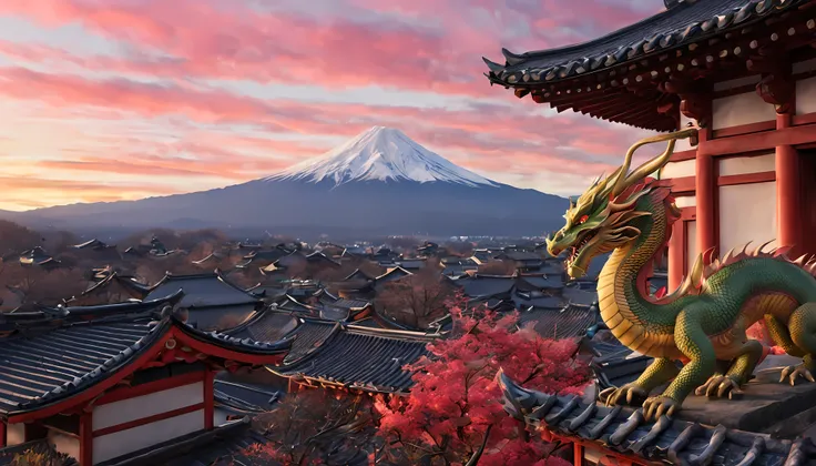 realistic photo image of a large Chinese dragon looking at a small village in Japan, ao fundo o Monte Fuji, Breathtaking image, perfect dragon, detalhes minuciosos, motor irreal, paisagem deslumbrante, cores vibrantes, 8K Ultra HD