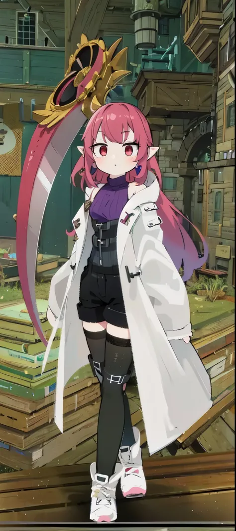 (masterpiece, sidelighting, finely detailed red eyes: 1.2), ((best quality)), ((masterpiece)), (highly detailed:1.3), anime, loli girl, elf, small chest, bodytight purple turtleneck, open white coat with long sleeves, sleeveless turtleneck, extra wide slee...