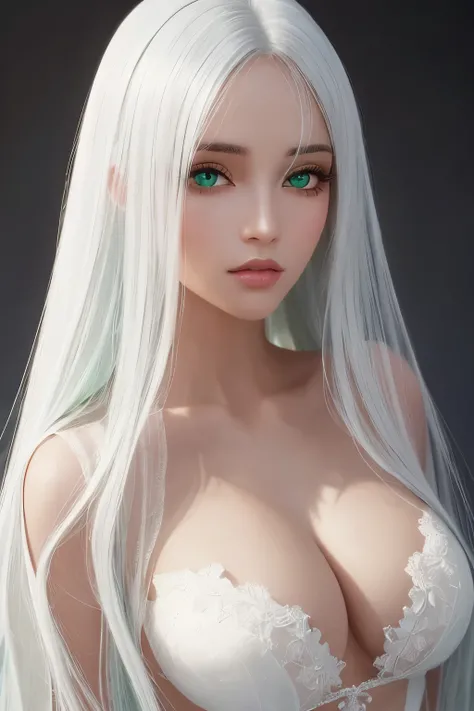 A beautiful woman with light black skin and expressive green eyes graces the scene. Framed by cascading white hair, her long, luscious fantasy hair flows around her, adding an ethereal allure to her seductive presence. Her eyes, full of allure and charm, d...