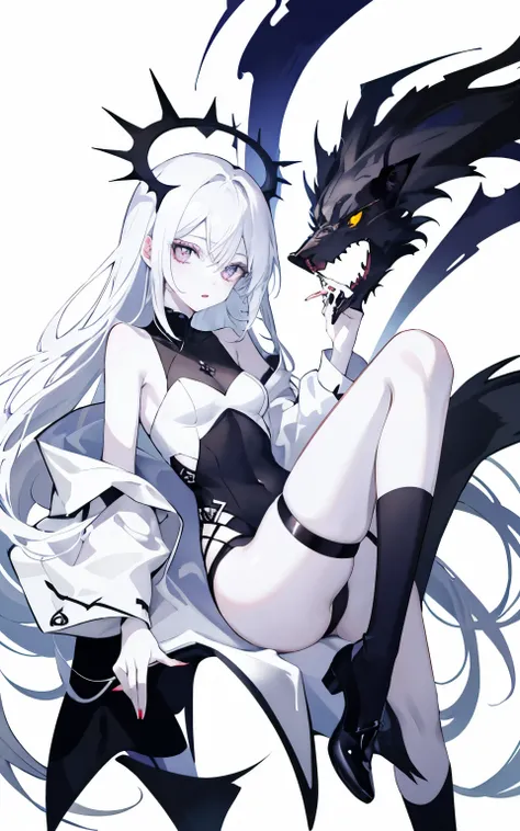 pale skin，dark风，playful，wearing leg rings，white hair，Abstinence，dark
