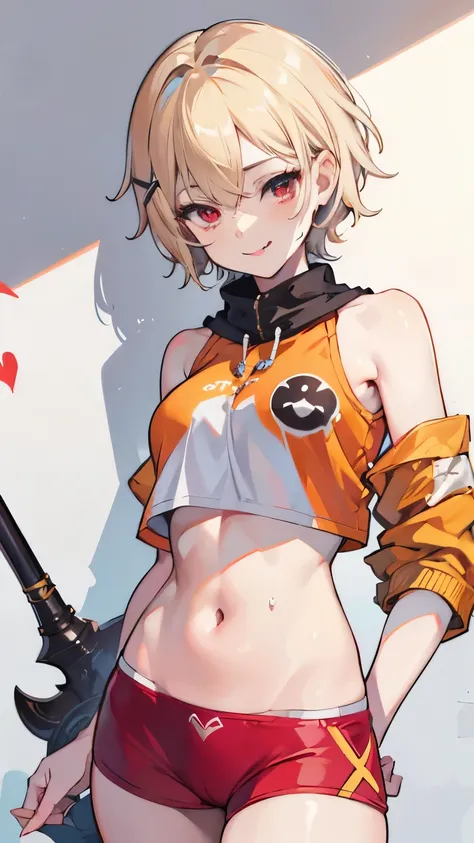 X-rated，undertale，chala，teenage girl，short hair，Red-eyed，Smile，Sexy，crop top，hot pants，standing paintings，Underwear model，lust，hand repair，detail，HD，no underwear，stick out your tongue，playful，love，camel toe，sweat