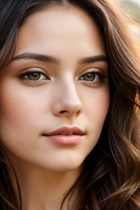 A captivating close-up portrait of a 29-year-old brunette girl with clear brown eyes. The illumination should emphasize the intricate details, particularly her mesmerizing eyes, revealing their natural, warm hue. Her loose, light brown waves cascade around...