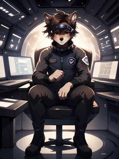 Jaiden, brown wolf, brown wolf ears, brown eyes, cute snout, black nose, wearing black astronaut outfit, futuristic visor, high collar, astronaut boots, black futuristic astronaut suit, mass effect 3, by fumiko, by hyattlen, by hioshiru, far away shot, sit...