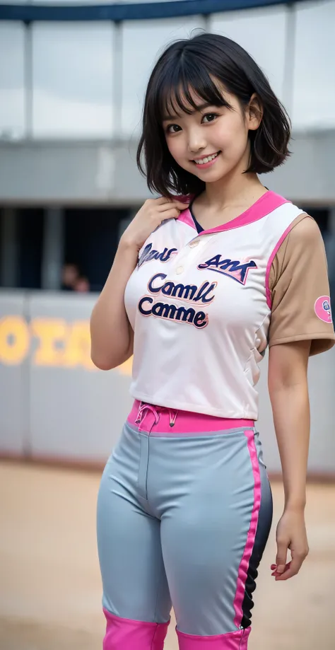 （8K、Raw photography、highest quality、masterpiece：1.2),(black haired、very short hair:2.1),show viewer,Looking at the front,erotic,白いskin,(wearing a pink and white baseball uniform:1.6)、(Clothing that emphasizes the shape of your chest、publish one&#39;skin:1....