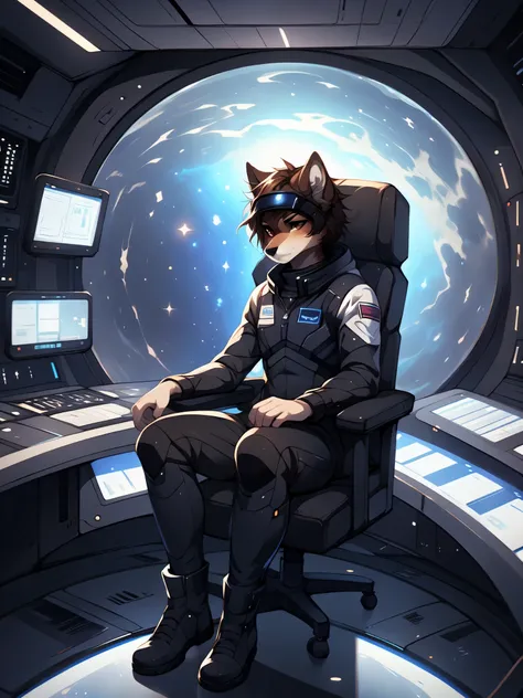 jaiden, brown wolf, brown wolf ears, brown eyes, cute snout, black nose, wearing black astronaut outfit, futuristic visor on eye...