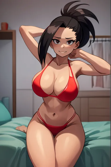 momo_yaoyorozu, happy, seductive, red bikini, bedroom