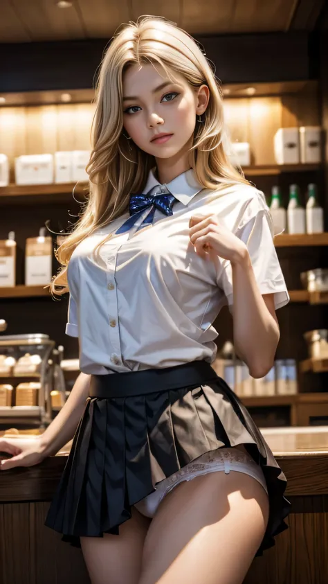 1 female、(american beauty)、(super beautiful)、(beautiful face)、(detailed face)、(fine eyes)、(detailed lips)、(Nose details)、above the knee shot、(Starbucks clerk:1.1)、(starbucks uniform:1.3)、(She lifts her skirt to reveal her white panties:1.4)、(barefoot)、(gol...