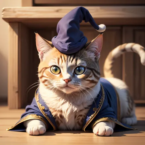 (best quality,4k,8k,highres,masterpiece:1.2),ultra-detailed,(realistic,photorealistic,photo-realistic:1.37),cute cartoon sticker of a cat dressed as a wizard,fantastically detailed cat wearing a wizard hat and robe, 