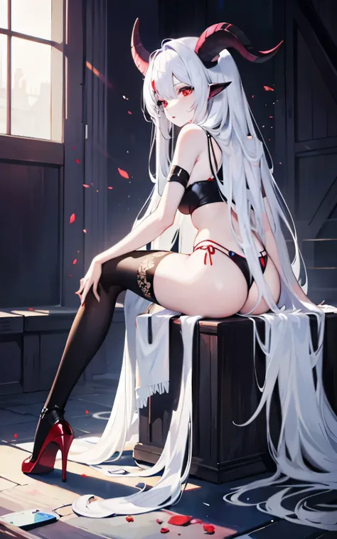 pale skin，dark风，wearing leg rings，long white hair，black eye shadow，red eyes，Abstinence，dark，back view，goat horn，sickle，grim Reaper，sitting，High heel
