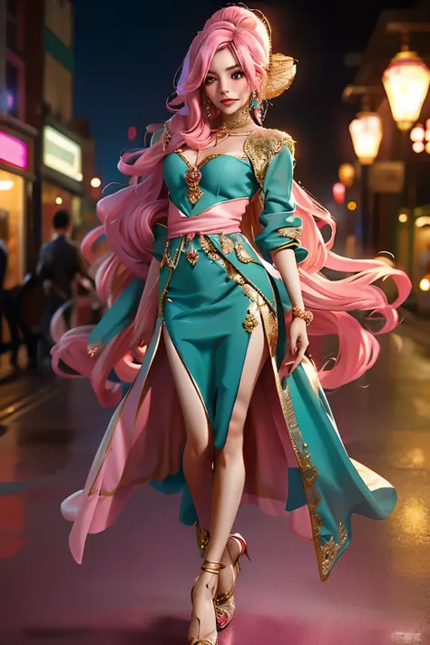 In the heart of the bustling city, two fashionable figures pose for an artistic composition. The first figure, with a cascade of pink hair that shines under the contemporary city lights, wears an emerald teal and brown outfit that evokes the spirit of the ...