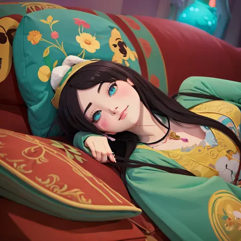 girl, Lying on the sofa, Looks like a lot of fun, Chinese Animation Style, Looks depressed, high quality, super detailed, crazy details, 4K