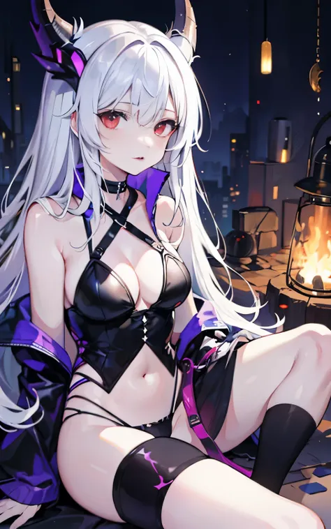 pale skin，dark风，wearing leg rings，long white hair，black eye shadow，red eyes，Abstinence，dark，goat horn，sickle，grim Reaper，sitting，camel toe
