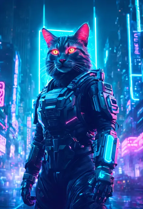 cyber cat in a futuristic city with neon lights, Master Chief em Cyberpunk City, beeple style hybrid mix, estilo de arte cyberpunk, estilo cyberpunk hiper-realista, advanced digital cyberpunk art, astronaut cyberpunk electric, not beeple style, Homem de Fe...