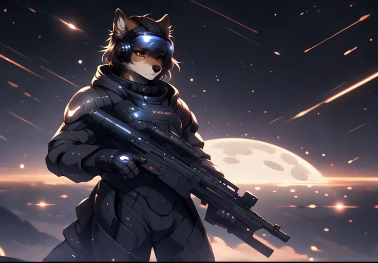 Jaiden, brown wolf, brown wolf ears, brown eyes, cute snout, black nose, wearing black astronaut outfit, futuristic visor on eyes, high collar, black futuristic suit, mass effect 3 armor, black space armor, by fumiko, by hyattlen, by hioshiru,  standing, o...