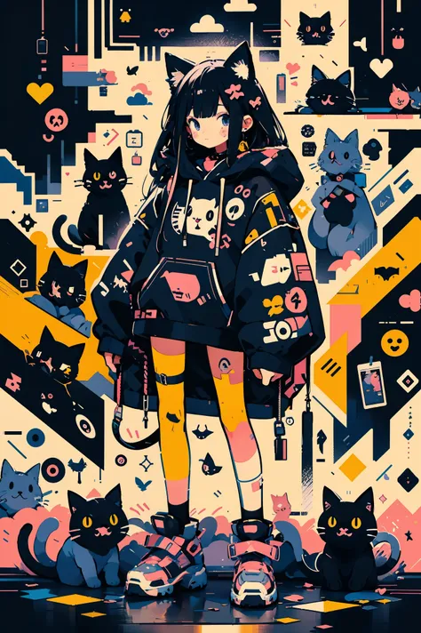 anime girl with black hair and a cat hat, anime style illustration, moe artstyle, wallpaper 8 k, digital illustration, beautiful...