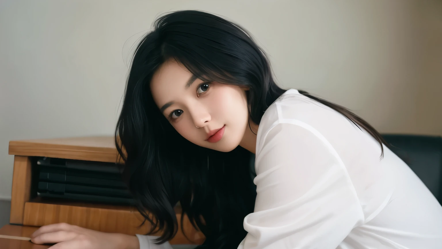 portrait of a cute 28 year old girl , sitting at a desk, thick wavy black hair, smirking, long eyelashes, upper body, facing viewer, 8k, super detail, best quality, 1080P, 1080P, 1080P, 4K, 8k, 16k, HD, 1080P