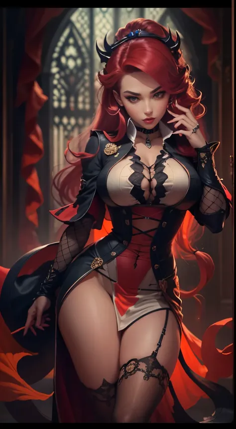 1 menina, succubus, cabelo chanel, cabelo vermelho, ruiva, lingerie preto e vermelho, castlevania, 30 anos, espartilho sensual, vestido cropped, aparecendo o corpo, very sharp image, 8K, beautiful face, beautiful body, very beautiful clothes, alluring