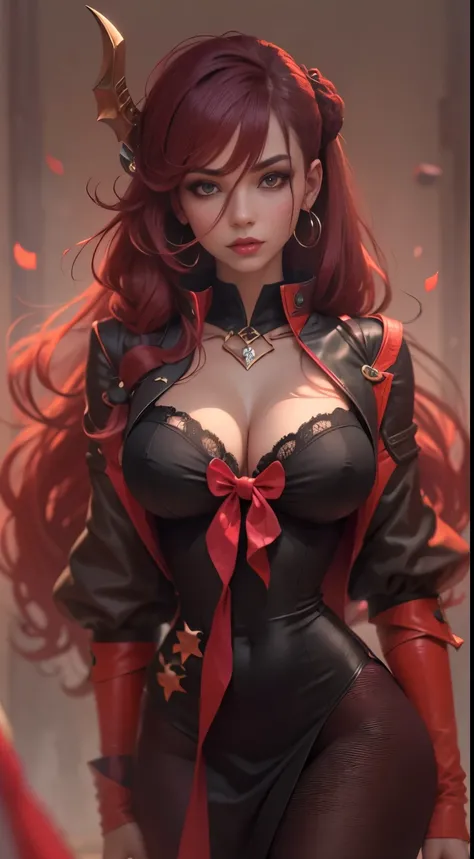 1 menina, succubus, cabelo chanel, cabelo vermelho, ruiva, lingerie preto e vermelho, castlevania, 30 anos, espartilho sensual, vestido cropped, aparecendo o corpo, very sharp image, 8K, beautiful face, beautiful body, very beautiful clothes, alluring