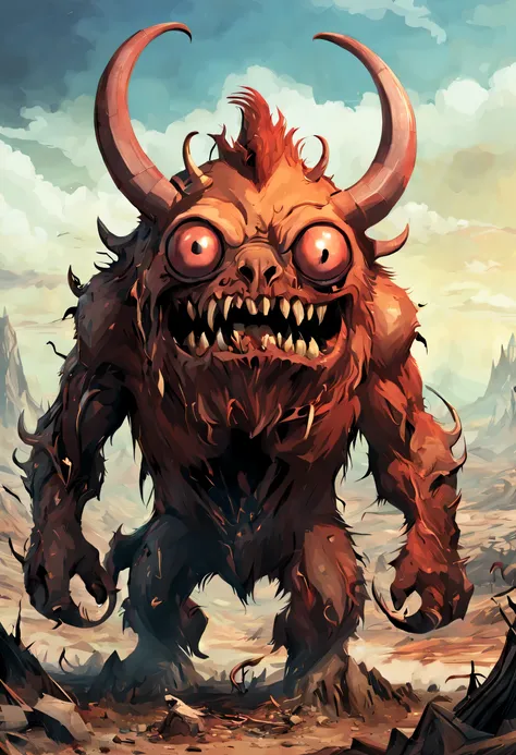 full-body shot of a giant monster with a single huge eye, sharp teeth, reddish skin, huge horns, in a post-apocalyptic landscape...