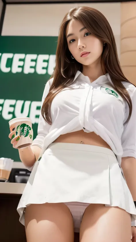 1 female、(super beautiful)、(beautiful face:2)、(detailed face)、(fine eyes)、(detailed lips)、(Nose details)、(above the knee shot)、(Starbucks clerk)、(starbucks uniform:1.5)、(Lift up your skirt to reveal your panties:1.7)、ceiling from below、(white panties:1.5)、...