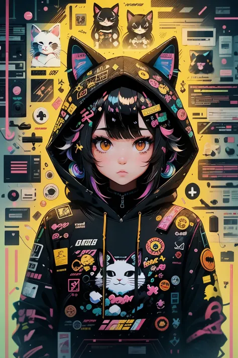 Chica de anime con cabello negro y un sombrero de gato, anime style illustration, Moe Artstyle, Fondo de pantalla 8 K, digital illustration, hermosa catgirl, He wears a hoodie with animal ears and TechnoWear technology, Futuristic fashion in black and holo...